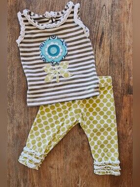 Persnickety Infant Ruffle Outfit- Pants & Embroidered Tank Top. Size 0-3 Months